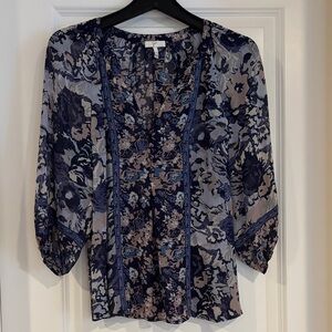 Joie Navy Floral Semi Sheer Blouse